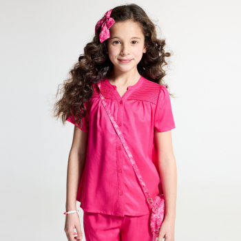 بلوزة بأكمام قصيرة وردية سادة للفتيات